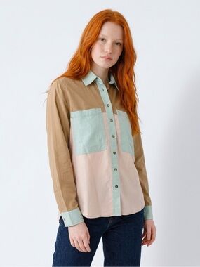 Colorblock Button-Down Shirt in Tan, Pale Pink & Mint